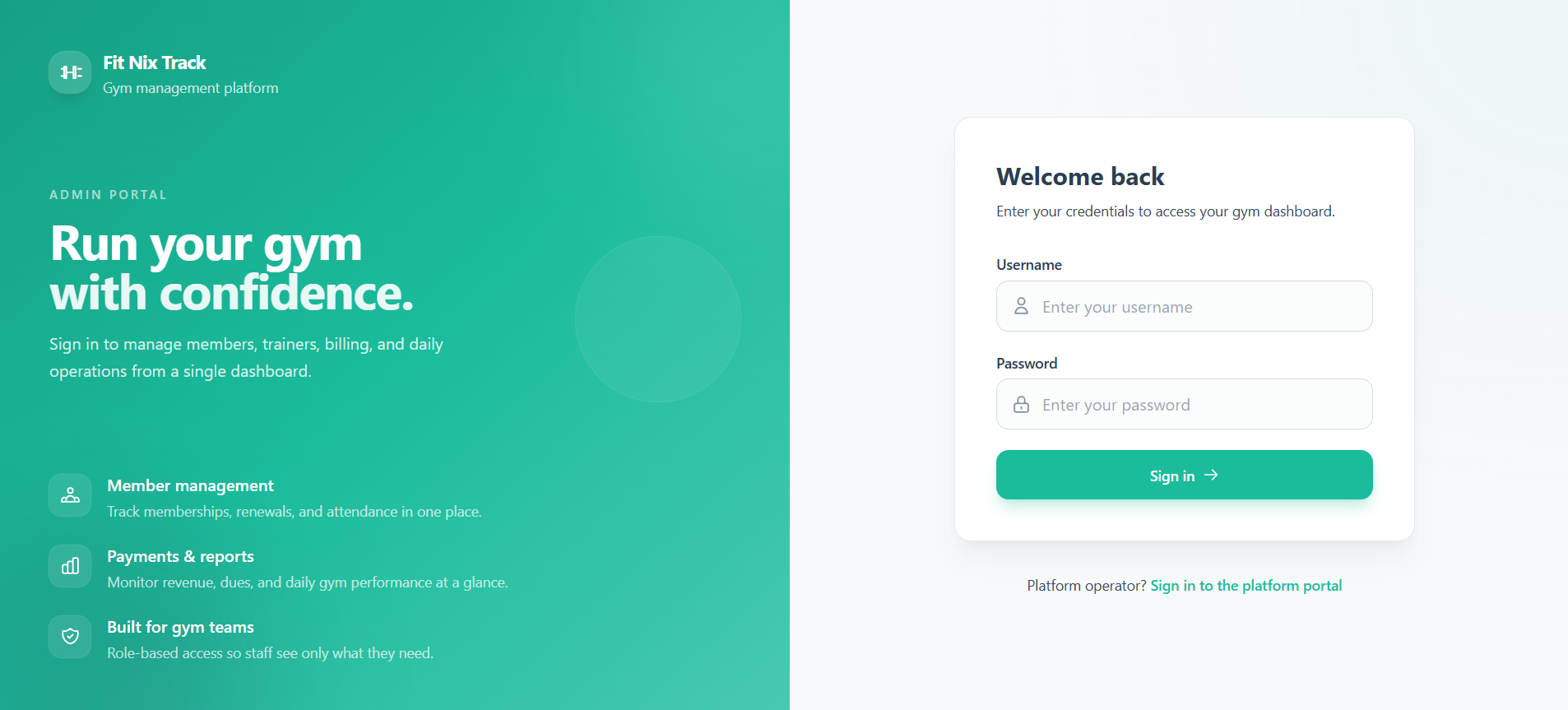 FitNixTrack admin portal login screen for gym owners and staff